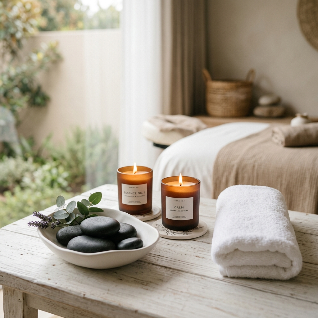 Ghany Home Massage candle, towel, and massage stones setup